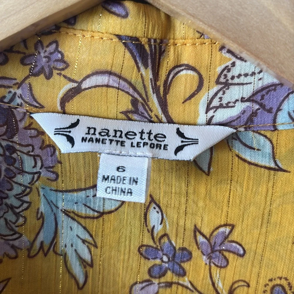Nanette Lepore Gold Purple Floral Sheer Collared Button Down Midi Dress Sz 6 - Picture 6 of 10